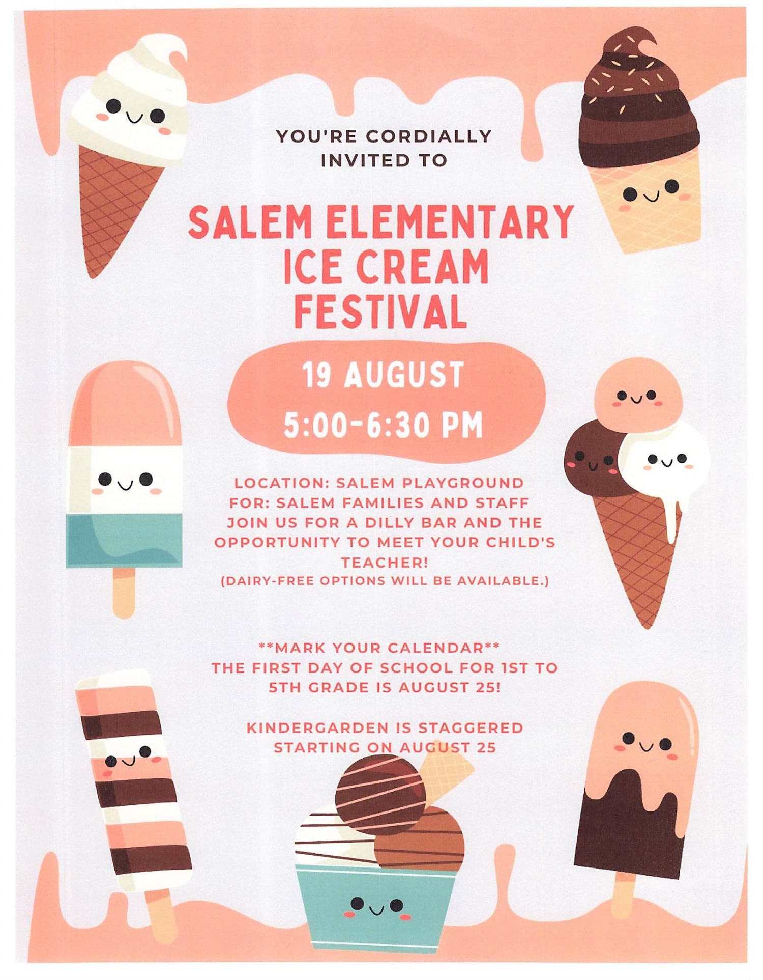 Salem Elementary Ice Cream Festival on August 17 from 5-6:30 p.m.